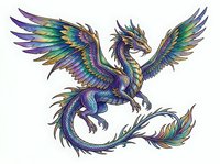 Mythical dragon with iridescent purple, blue, and gold wings and scales, isolated on white background. Suitable for fantasy designs, apparel, and graphics.