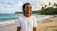 Happy young Black man with dreadlocks smiling on tropical beach with palm trees and turquoise ocean waves during golden hour vacation moment.