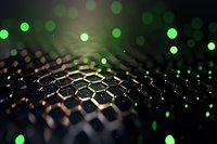 Futuristic honeycomb metallic surface with green bokeh lights and shallow depth of field creating modern technological abstract background pattern.