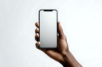African American hand holding modern smartphone with blank white screen isolated on light background for mobile app mockup and digital presentation.