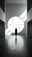 Silhouette of woman standing in modern architectural space with large circular window, minimalist interior design with geometric forms and natural light for contemporary art and design projects.