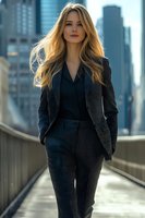Young blonde businesswoman in dark suit walking confidently on urban bridge with city skyline background. Professional corporate lifestyle portrait.