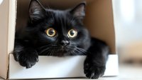 Curious black cat with bright yellow eyes peeking out from cardboard box, paws hanging over edge. Playful feline portrait capturing innocent expression.