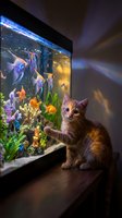 Curious tabby kitten watching colorful tropical fish swimming in illuminated aquarium tank with vibrant coral and plants, perfect for pet, animal behavior, and entertainment concepts.