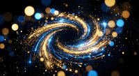 Luminous golden spiral galaxy with sparkling particles and bokeh lights on dark cosmic background for digital art and space-themed designs.