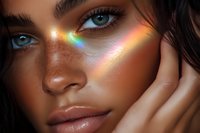 Rainbow light prism effect on mixed race woman face with freckles, blue eyes and natural makeup in beauty portrait closeup with soft glowing skin.