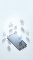 Smartphone with floating security icons representing cybersecurity, data protection and mobile device safety on white background.