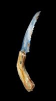 Vintage curved saw with weathered blue steel blade and aged wooden handle, isolated on transparent background. Ready for clipart, print-on-demand, t-shirt design, stickers, and sublimation projects.