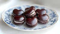 Chocolate macarons with glossy dark coating arranged on elegant blue and white porcelain plate for gourmet dessert presentation and culinary photography.