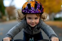 Young child wearing colorful autumn leaf pattern helmet rides bicycle on neighborhood street during fall season, expressing joy and confidence in outdoor activity.