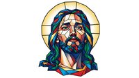 Stained glass style portrait of Jesus Christ with halo, colorful religious artwork for spiritual designs, church decorations and faith-based projects.
