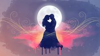 Romantic couple silhouette embracing against full moon with decorative swirls and gradient sky background for love themed designs and Valentine's Day.