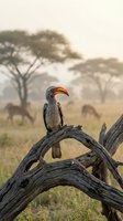 Yellow-billed hornbill perched on fallen tree branch in African savanna with acacia trees and grazing animals in soft morning light creating wildlife scene.