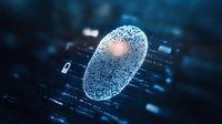 Digital fingerprint scan with glowing particles on dark circuit background illustrates biometric security technology and personal data protection in modern authentication systems.