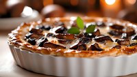 Fresh baked mushroom and caramelized onion tart in white ceramic baking dish with melted cheese and herbs, close up view in warm lighting.