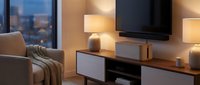 Modern living room interior with TV console and warm ambient lighting creating cozy evening atmosphere for home entertainment and relaxation.