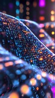 Digital wave of binary code with glowing numbers and bokeh lights creating futuristic data visualization against dark background, suitable for tech concepts.