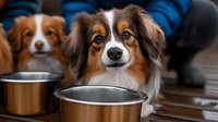 Brown and white dogs with attentive expressions sitting beside empty metal food bowls, waiting to be fed during mealtime routine with owner in background.