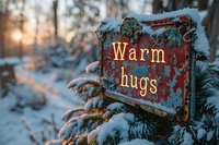 Illuminated "Warm hugs" sign covered in snow at sunset, creating cozy winter atmosphere in snowy forest setting.