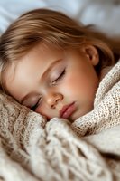 Peaceful sleeping child wrapped in cozy knitted blanket, soft natural lighting highlights gentle features and relaxed expression. For parenting and lifestyle content.