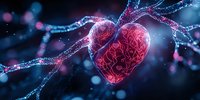 Glowing red heart-shaped neuron with synaptic connections on dark background with bokeh lights, depicting love and brain connection concept in medical science.