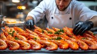 Caucasian male chef in white uniform and black gloves arranging fresh grilled prawns garnished with herbs on restaurant kitchen counter, professional food preparation.