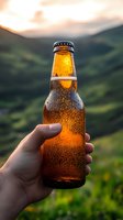Cold beer bottle with condensation drops held up against sunset mountain landscape background, creating golden hour glow through amber liquid.