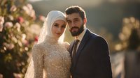 Young couple in wedding attire, bride in white hijab and beaded dress, groom in dark suit, posing together in golden sunset light with floral backdrop.