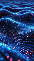 Abstract digital landscape with glowing blue waves and pink particles floating over dark background, representing data visualization and technology networks.