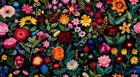 Vibrant floral pattern with colorful wildflowers, roses, daisies and botanical elements on black background. Seamless repeat design for fabric and wallpaper.