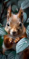 Curious red squirrel close-up portrait among green leaves, looking directly at camera with bright eyes and holding paws together in characteristic pose.
