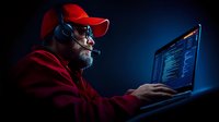 Caucasian male programmer in red hoodie and cap working at night on laptop with code. Dark moody lighting with blue glow from screen highlights concentrated expression.