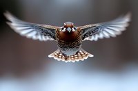 Majestic brown sparrow in flight with wings fully spread against blurred background, captured in sharp detail showing feather patterns and graceful motion.