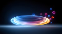 Glowing neon light trail with colorful energy spheres on dark background, abstract motion effect with blue and pink luminous rings and particles.