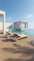 Modern minimalist villa with infinity pool and luxury sun loungers overlooking ocean under clear blue sky for vacation resort design.