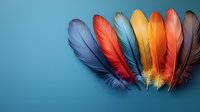 Colorful bird feathers arranged in fan shape on blue background, featuring vibrant red, yellow, orange, purple and turquoise plumes. Natural decorative elements.