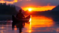 Silhouette of person paddling canoe on tranquil lake at sunset, orange sky reflects on calm water surface creating dramatic outdoor adventure scene.