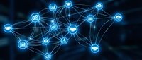 Connected network nodes with glowing blue icons representing artificial intelligence, data analytics, and digital communication systems for technology and business solutions.