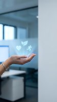 Hand holding glowing wellness icons including heart, leaf, and running figure in modern office environment, representing health, fitness, and sustainable lifestyle choices.