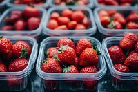 Fresh ripe strawberries in plastic containers at farmers market or grocery store, ready for sale and consumption.