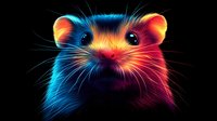 Colorful glowing hamster portrait on black background with vibrant neon blue, pink and orange lighting effects creating magical luminous fur texture.