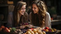 Young Caucasian women sharing fresh fruits and berries in rustic kitchen setting, genuine laughter and connection during healthy meal preparation, natural lighting.