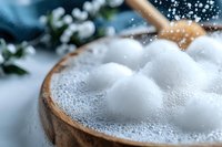 Creamy foam bubbles in wooden bowl with soap suds macro close up view against blurred winter holiday background with snow and greenery.
