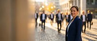 Professional businesswoman in navy suit standing confidently in busy urban corridor with blurred commuters walking in background during golden hour.