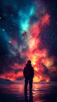 Silhouetted person standing on reflective surface beneath vibrant cosmic sky with turquoise and red nebula clouds, stars scattered across dark space background.