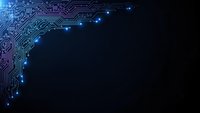 Blue circuit board pattern with glowing nodes on dark background for technology and electronics design projects.