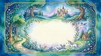 Enchanted fairy tale frame with castle, sailing ship and magical forest elements creating whimsical border for text or design projects.