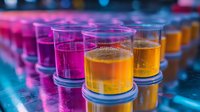 Colorful laboratory test tubes with pink, orange and yellow liquid samples in rows on dark surface with blue lighting, scientific research concept.
