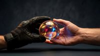 Male hand wearing black leather glove holding glowing crystal ball with colorful light reflections against dark background, suitable for fortune telling, mysticism, spirituality, and magical themes.