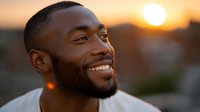 Young African American man with beard smiling genuinely at sunset, warm golden hour lighting creates natural glow on skin, expressing joy and confidence in outdoor portrait.